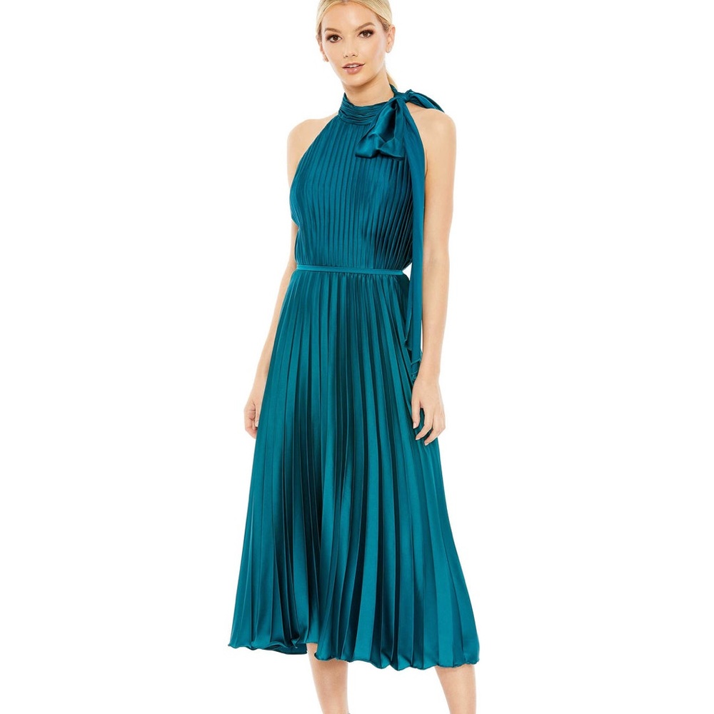Ieena Mac Duggal Teal Satin Halter Neck Bow Pleated Sleeveless Midi Dress Size 8